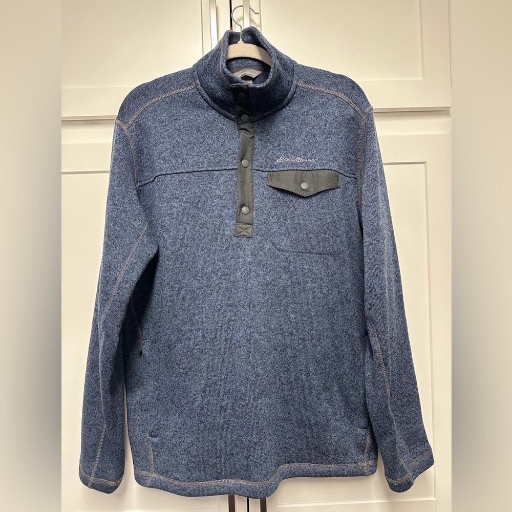 Eddie Bauer Men’s Blue Heather Quarter Snap Knit Pullover, Sz L